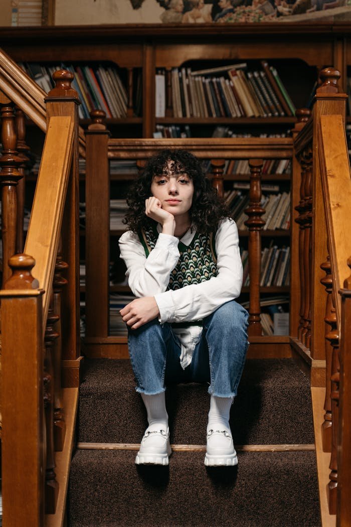 A Woman Sitting on the Wooden Stairs